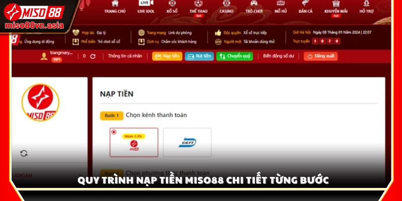 Hướng dẫn nạp tiền vào tài khoản Miso 88 chi tiết 